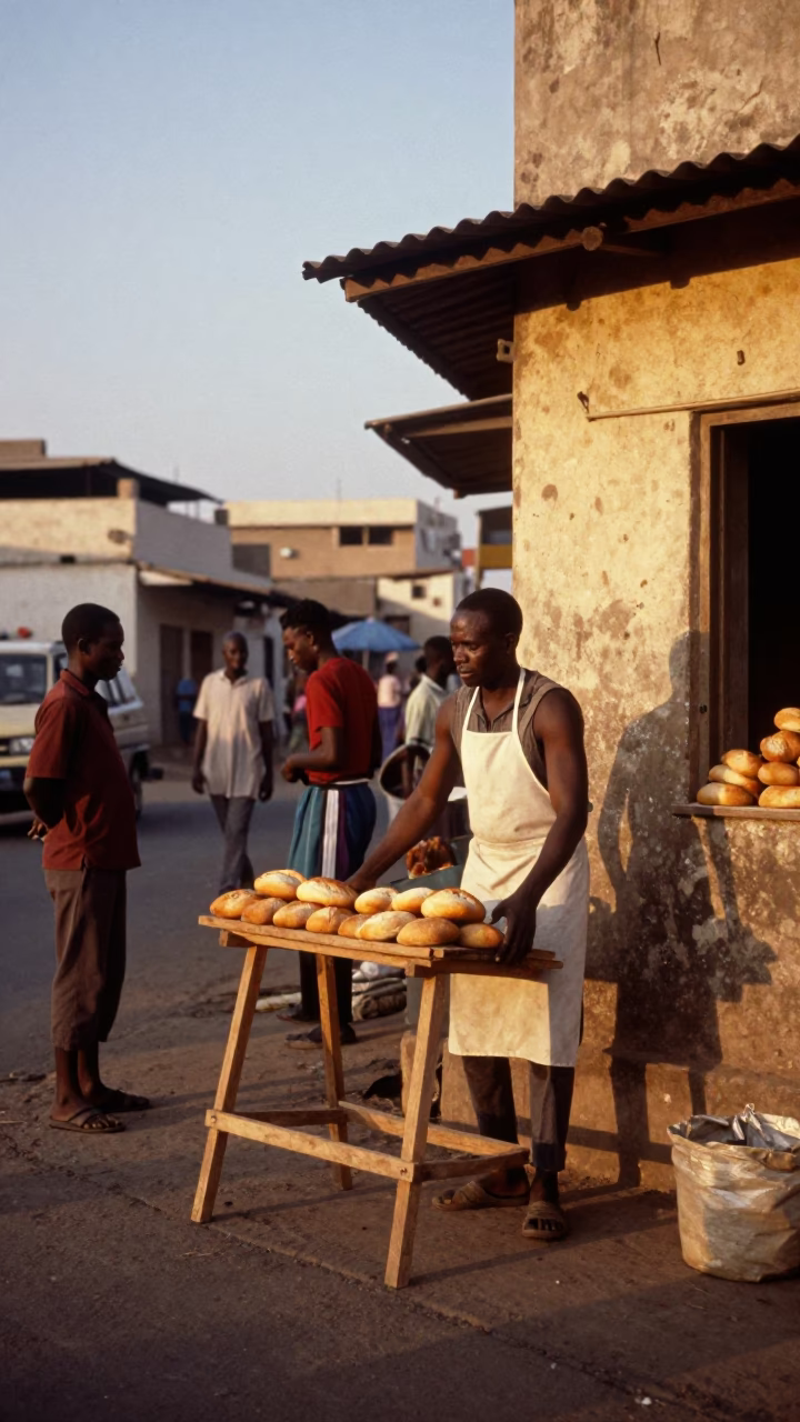Evening street scene in Dakar Senegal with bread baker pulling from oven in in Dakar, Senegal