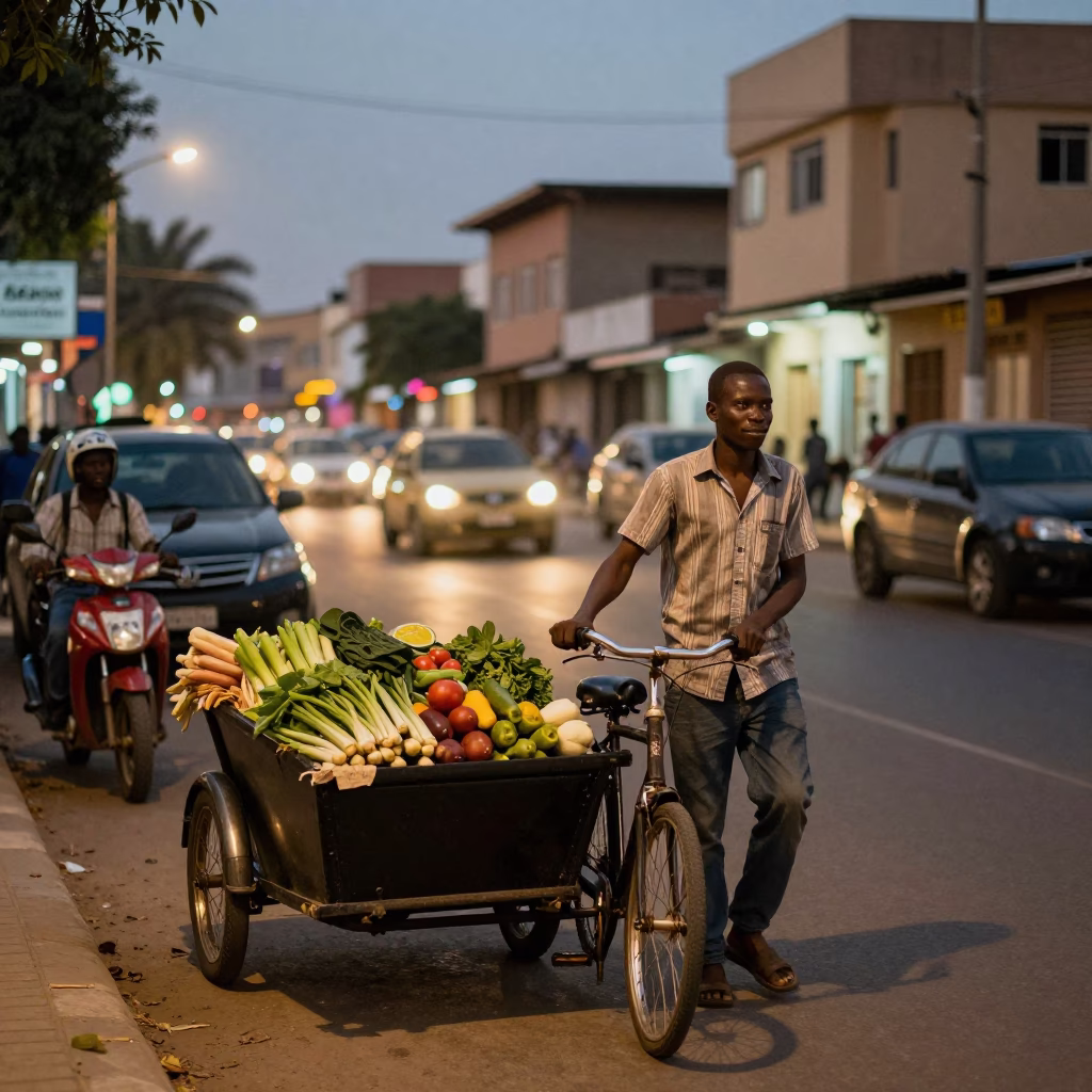 Evening Street Scene in Dakar Senegal with Cargo Bicycle and Electric Kettle in in Dakar, Senegal