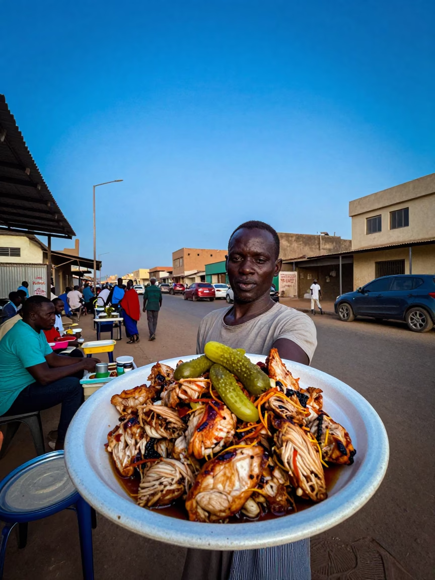 Evening Street Scene in Dakar Senegal with Chicken Shawarma Plate and Coconuts in in Dakar, Senegal