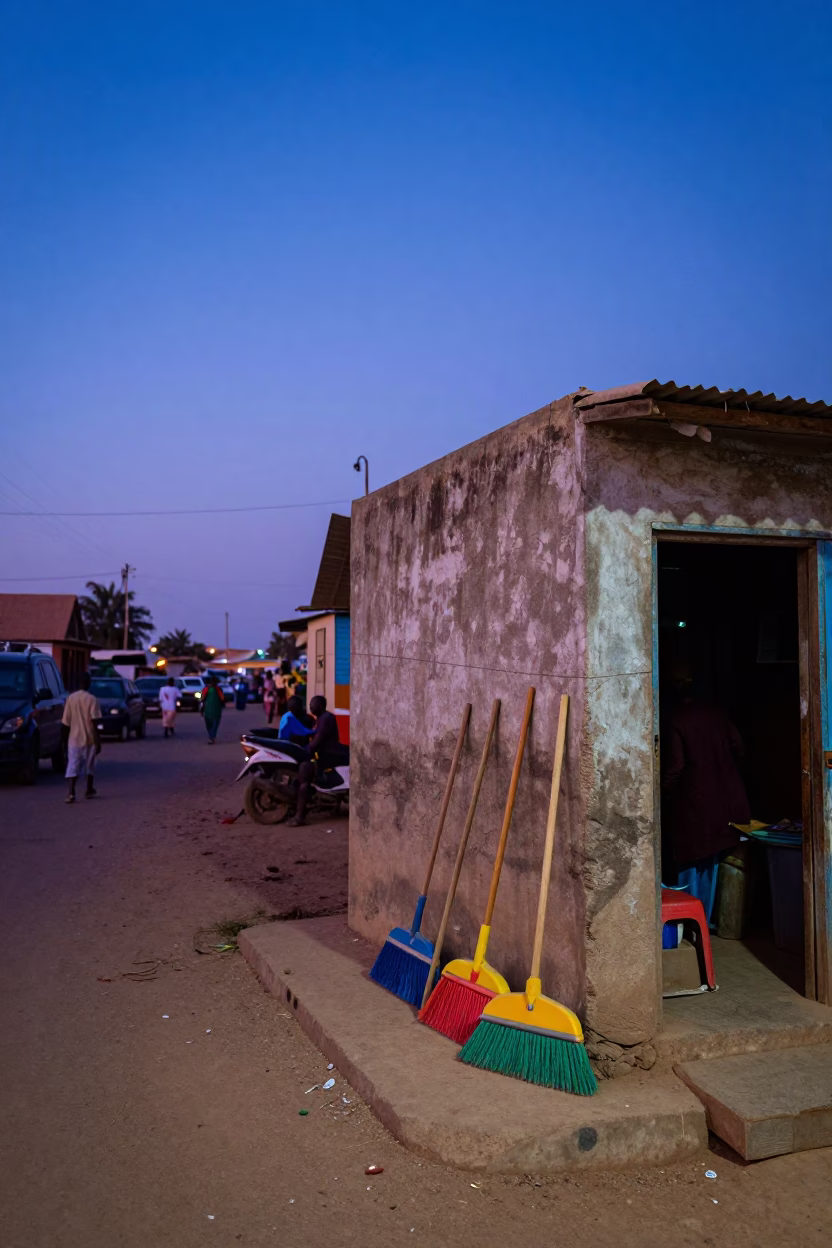 Evening Street Scene in Dakar Senegal with Colorful Brooms and Local Market Activity in in Dakar, Senegal