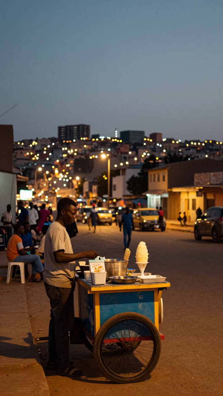 Evening Street Scene in Dakar Senegal with Condensed Milk Shaved Ice Dessert in in Dakar, Senegal