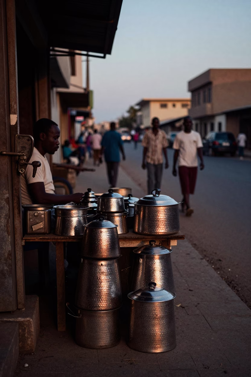 Evening Street Scene in Dakar Senegal with Hammered Metal and Latch Details in in Dakar, Senegal
