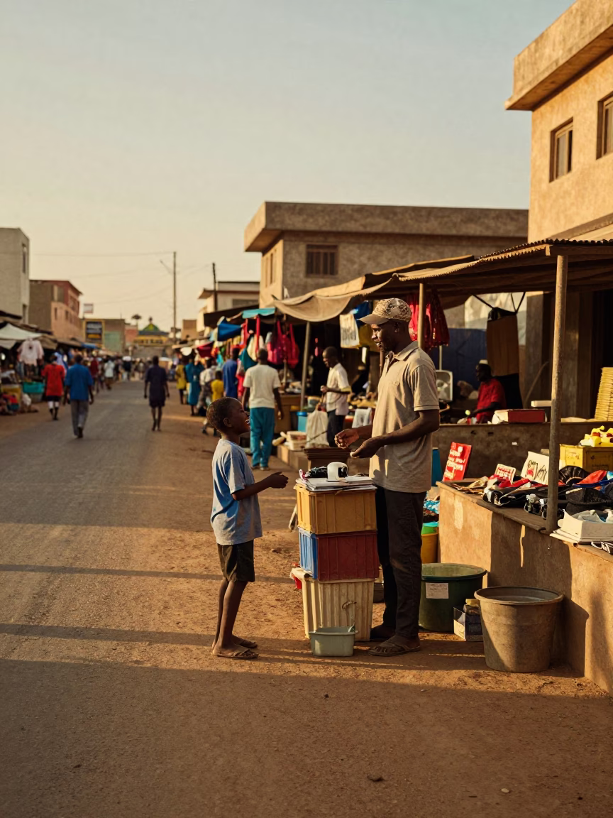 Evening Street Scene in Dakar Senegal with Local Vendor and Market Activity in in Dakar, Senegal