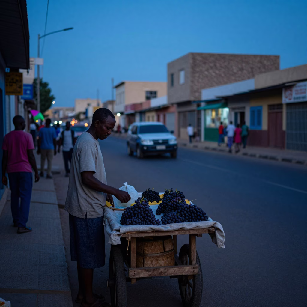 Evening Street Scene in Dakar Senegal with Local Vendor and Pedestrians in in Dakar, Senegal