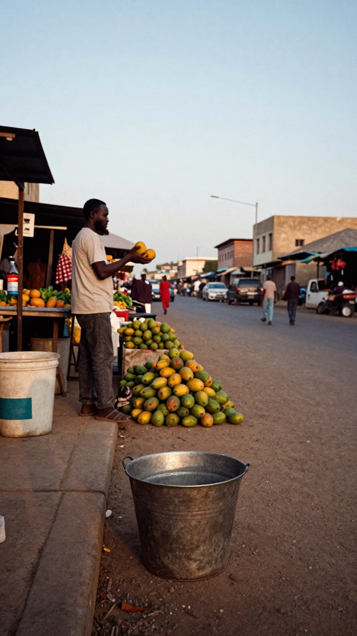 Evening Street Scene in Dakar Senegal with Mangoes and Local Market Activity in in Dakar, Senegal