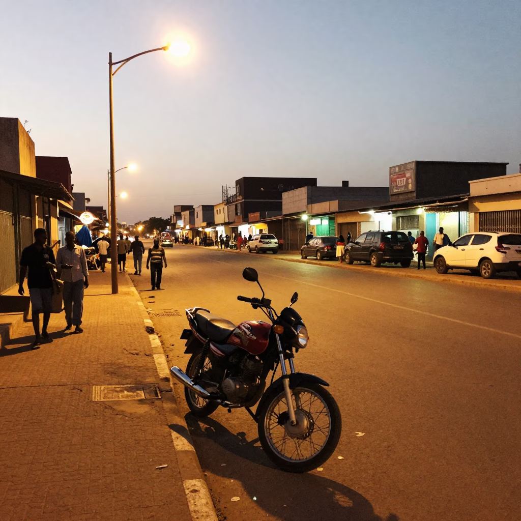 Evening Street Scene in Dakar Senegal with Motorcycle and Local Market Activity in in Dakar, Senegal