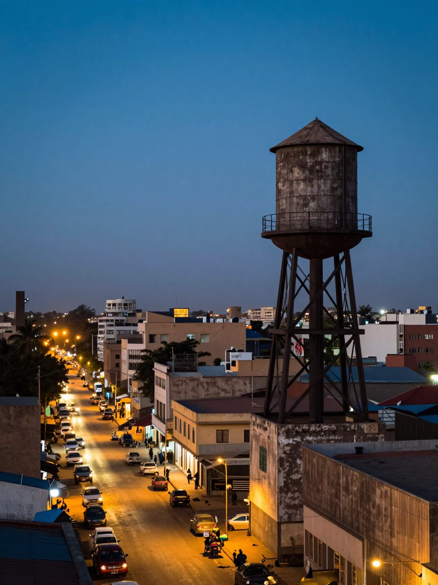 Evening Street Scene in Dakar Senegal with Rooftop Water Tower and City Lights in in Dakar, Senegal