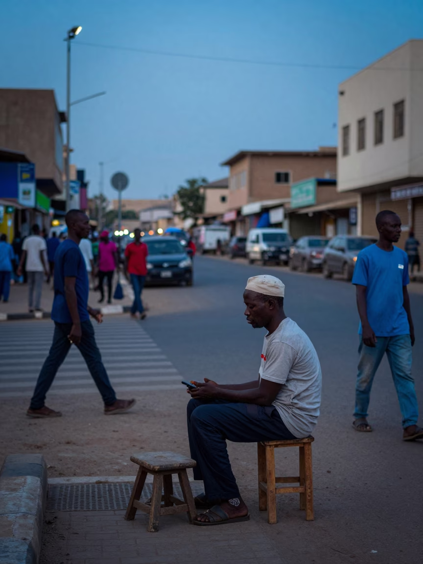 Evening Street Scene in Dakar Senegal with Stool and Local Interaction in in Dakar, Senegal