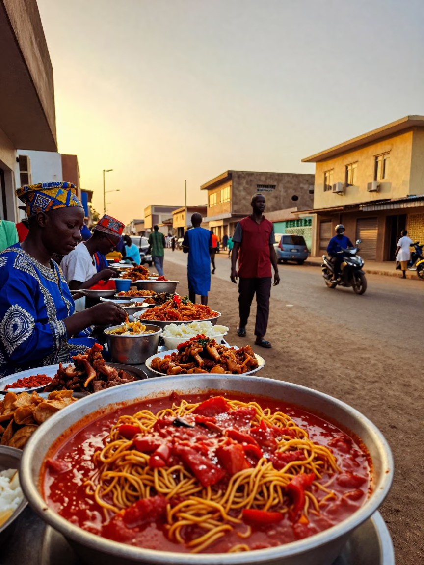 Evening street scene in Dakar Senegal with traditional Senegalese food and local architecture in in Dakar, Senegal