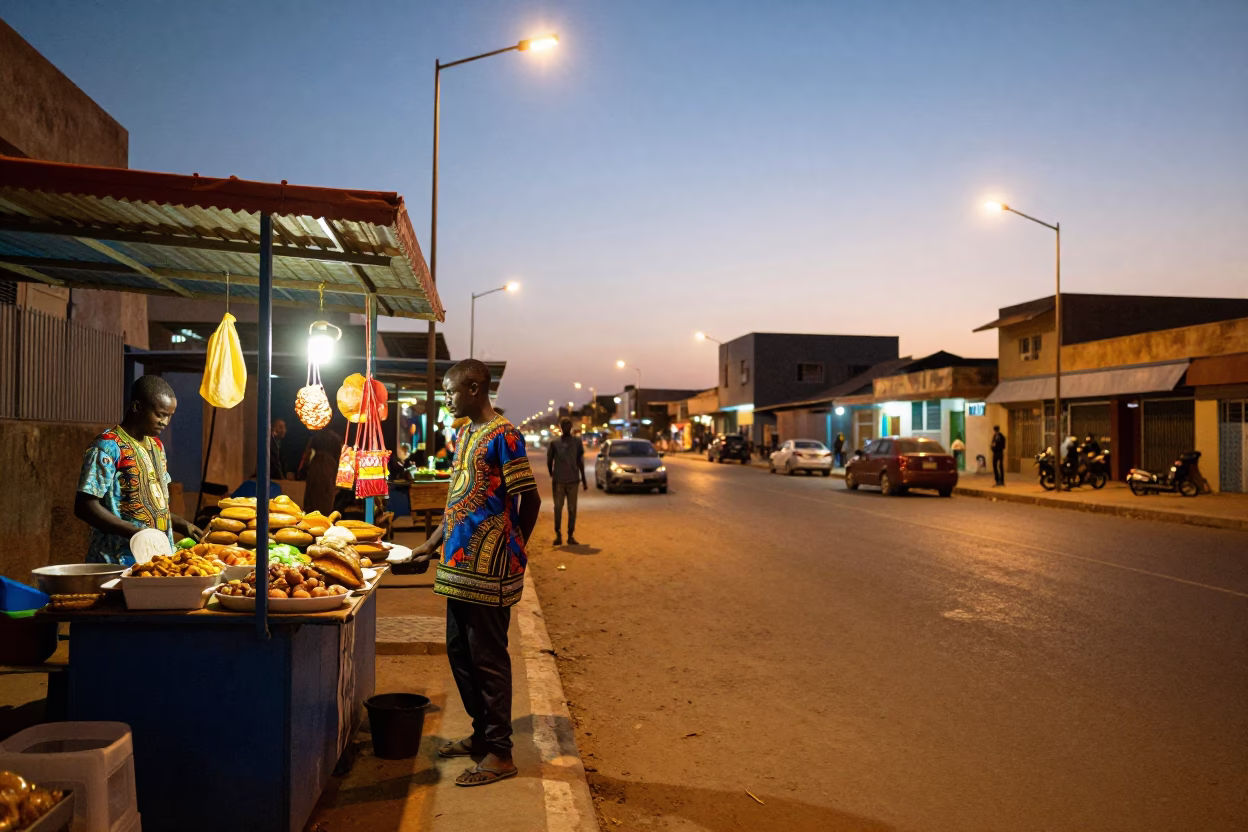 Evening Street Scene in Dakar Senegal with Vibrant Colors and Local Life in in Dakar, Senegal
