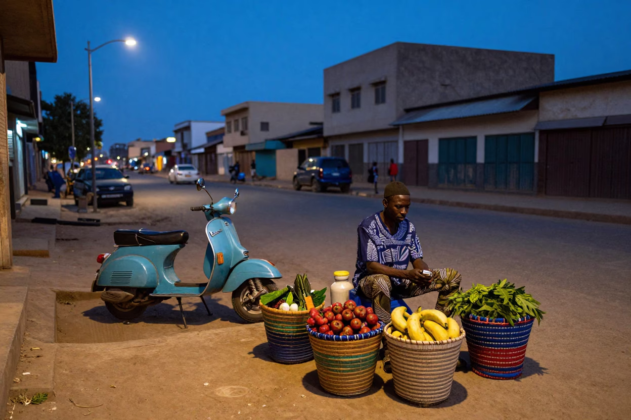 Evening Street Scene in Dakar Senegal with Vintage Vespa and Woven Baskets in in Dakar, Senegal