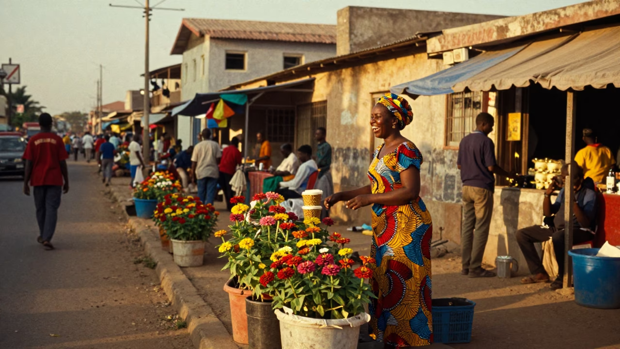 Evening street scene in Dakar Senegal with zinnias and local commerce in in Dakar, Senegal