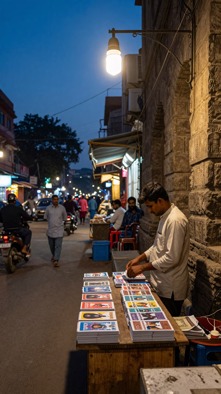 Evening street scene in Delhi India with glowing lights and local commerce in in Delhi, India