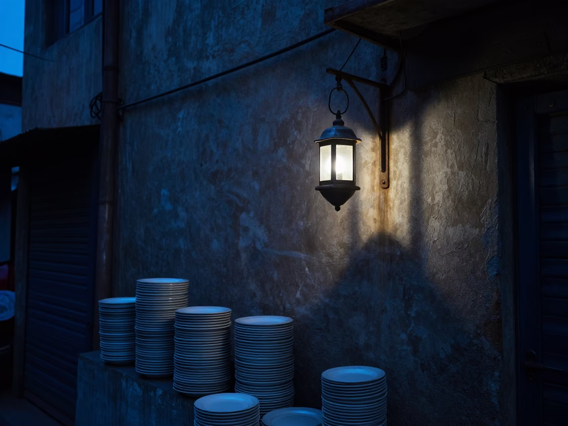 Evening Street Scene in Delhi India with Lantern and Stacked Plates in in Delhi, India