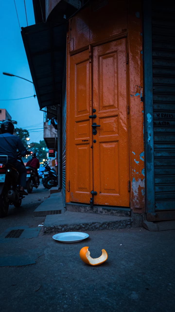 Evening Street Scene in Delhi India with Orange Peel and Door Mats in in Delhi, India