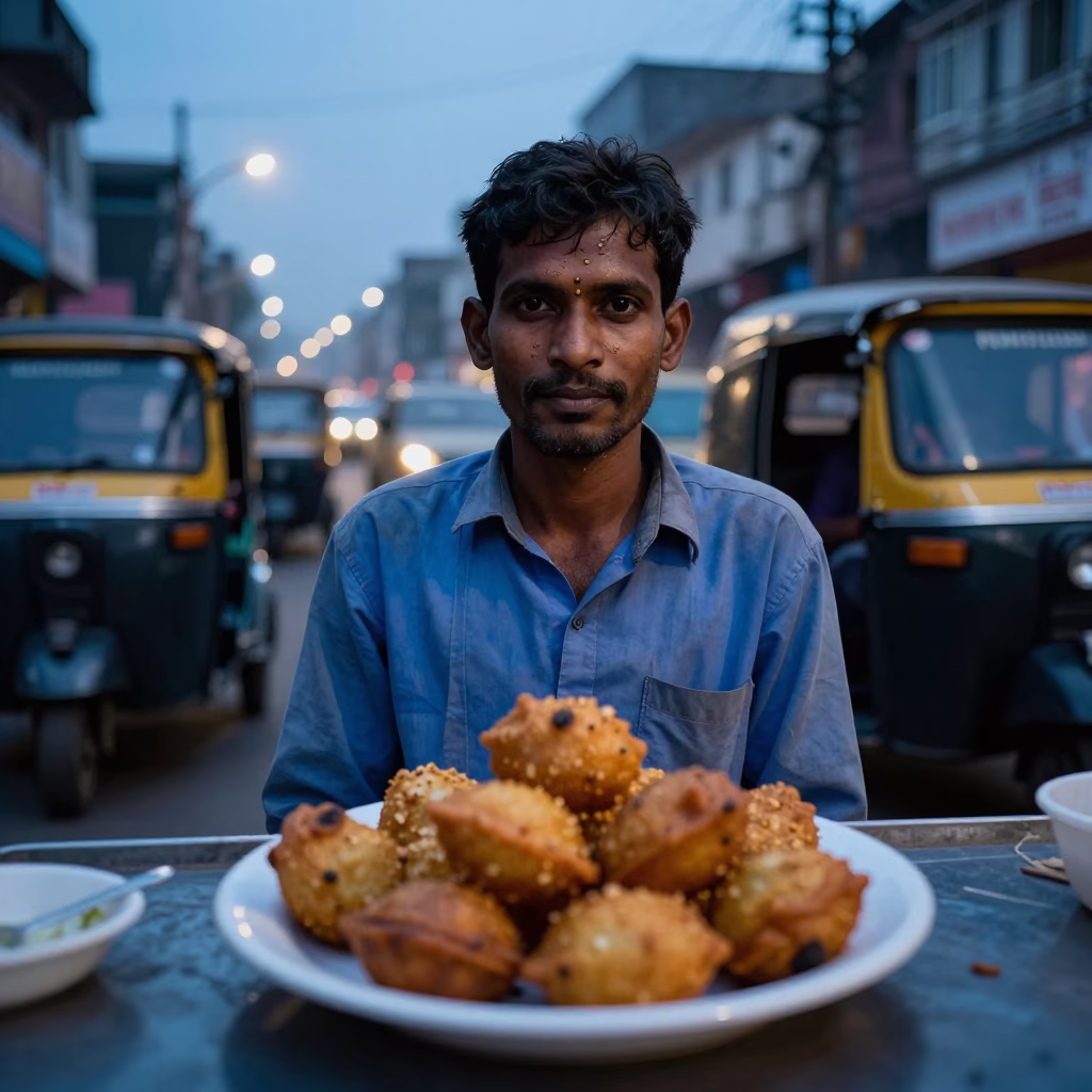 Evening Street Scene in Delhi India with Plate of Accra Fritters and Leaf Shadows in in Delhi, India