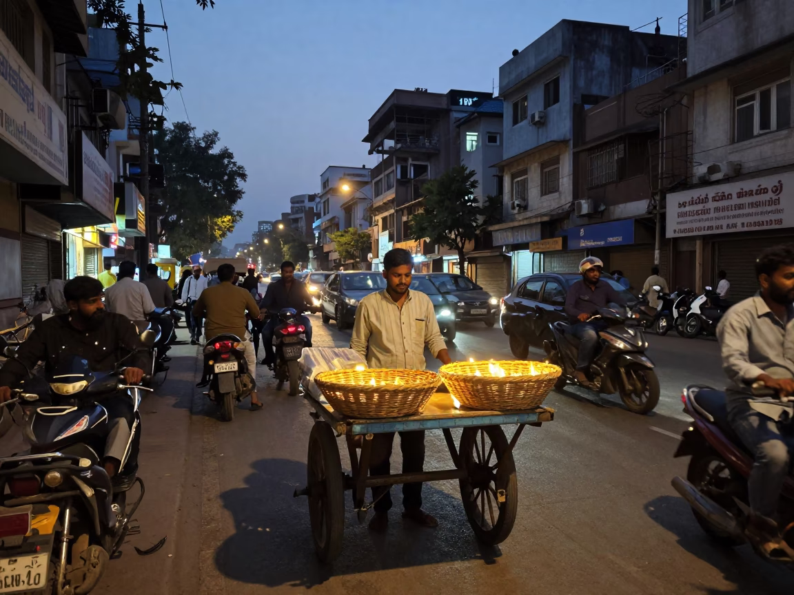 Evening Street Scene in Delhi India with Vendor Basket and Glowing City Lights in in Delhi, India