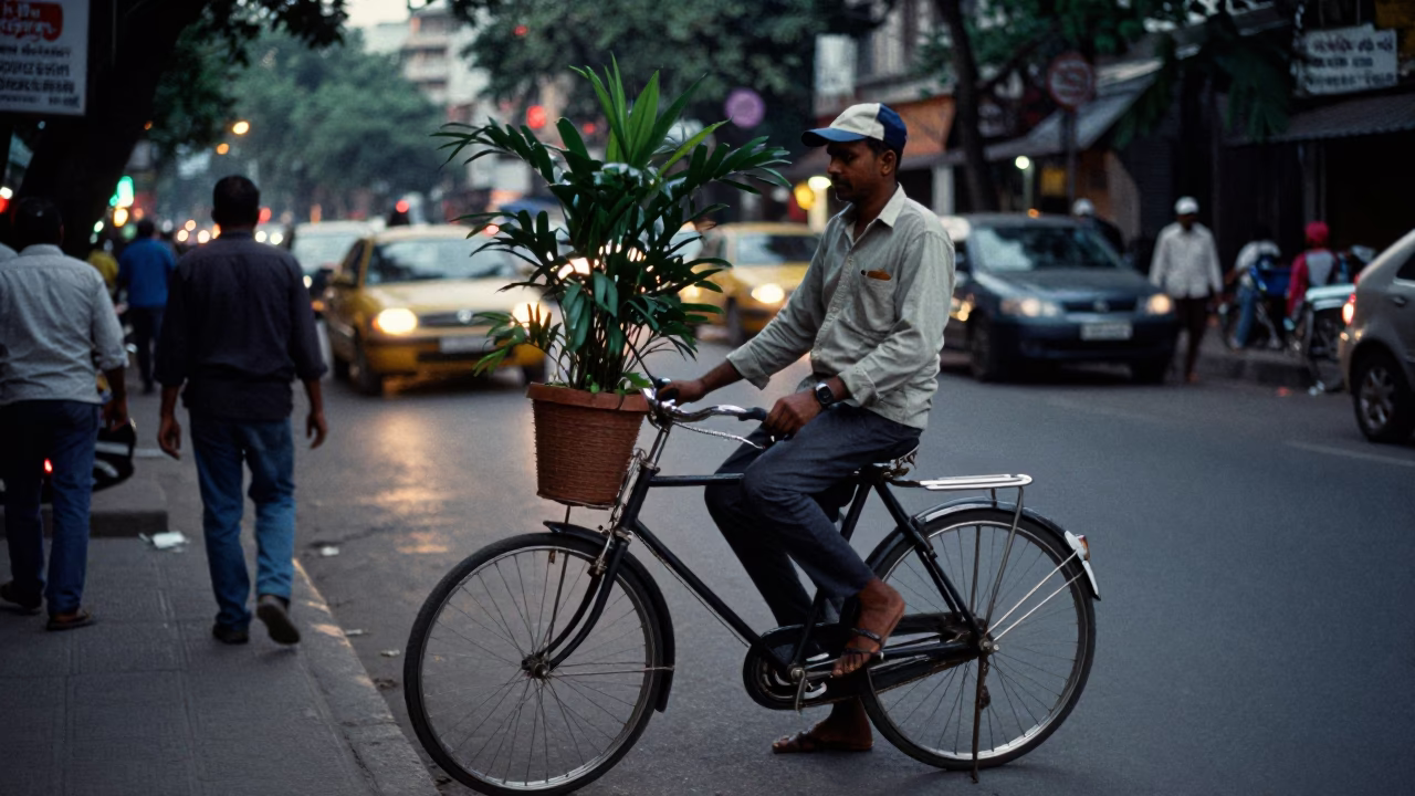 Evening Street Scene in Delhi India with Vintage Bicycle and Plant Pot in in Delhi, India