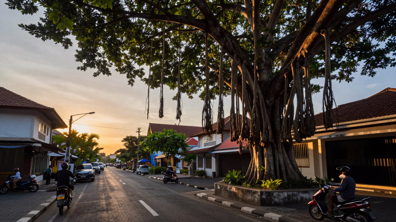 Evening Street Scene in Denpasar Indonesia with Banyan Tree and Local Vendor in in Denpasar, Indonesia