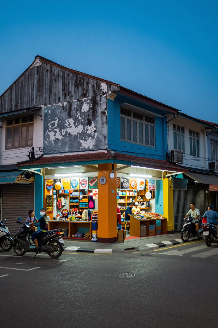 Evening Street Scene in Denpasar Indonesia with Colorful Shopfronts and Local Activity in in Denpasar, Indonesia