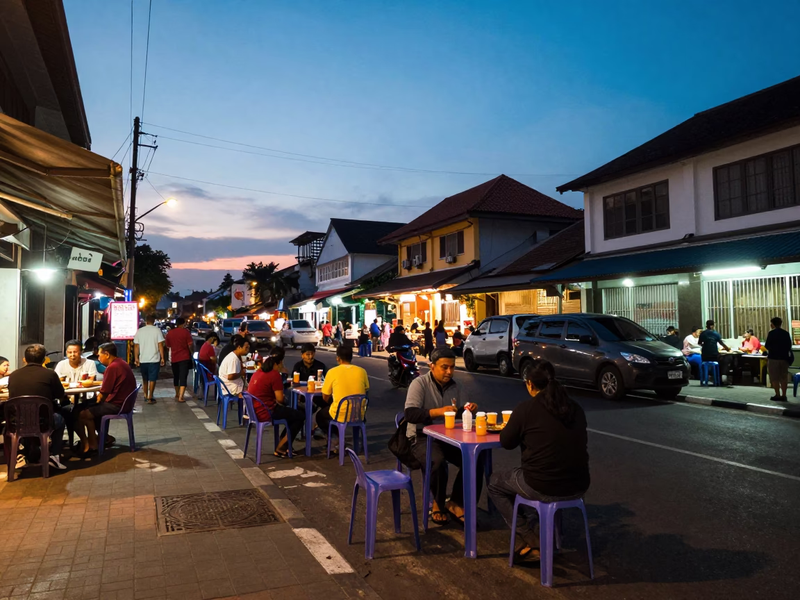Evening Street Scene in Denpasar Indonesia with Local Dining and Urban Infrastructure in in Denpasar, Indonesia