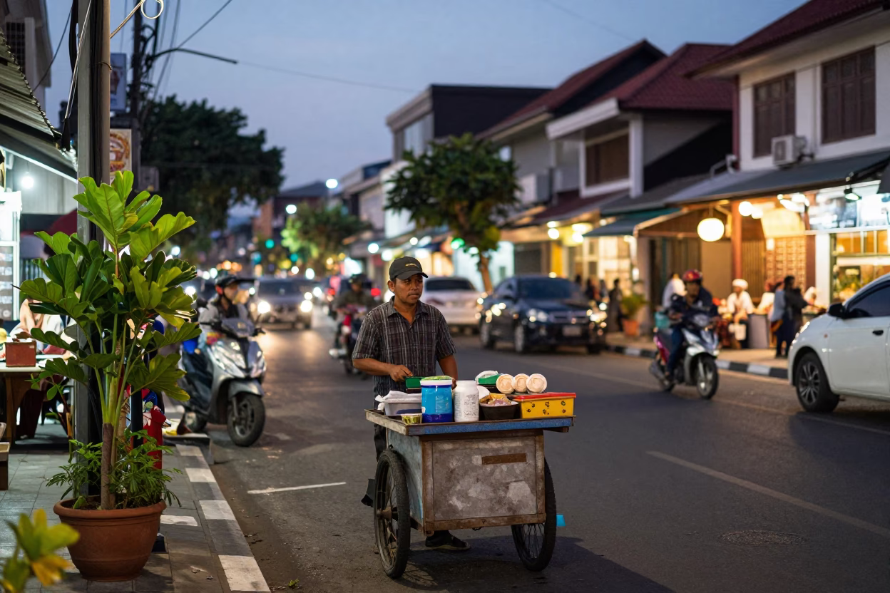Evening Street Scene in Denpasar Indonesia with Local Vendor and Houseplant in in Denpasar, Indonesia