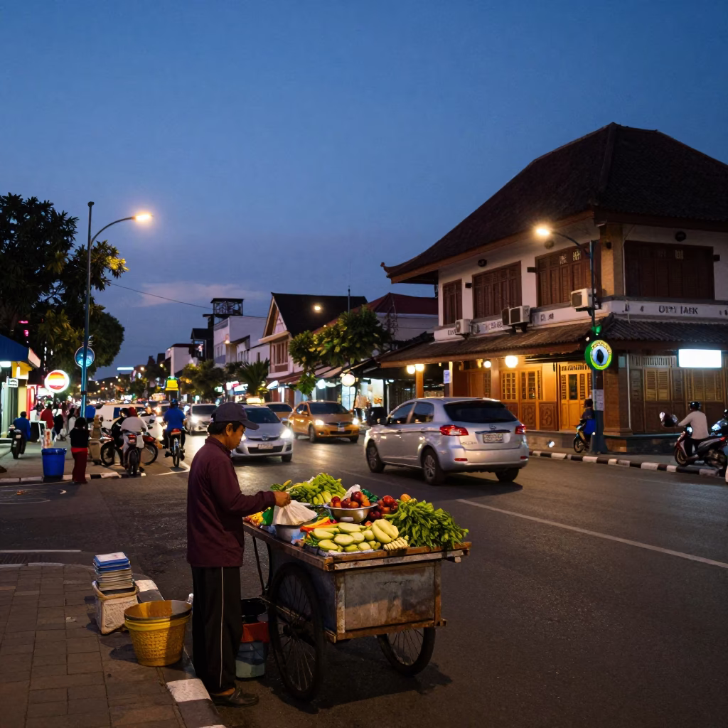 Evening Street Scene in Denpasar Indonesia with Local Vendor and Traditional Boat in in Denpasar, Indonesia