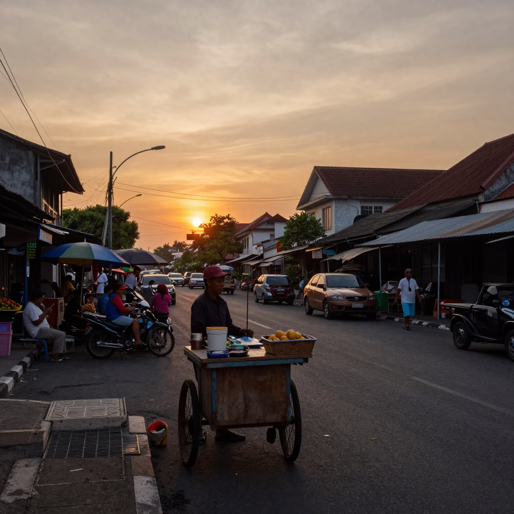 Evening street scene in Denpasar Indonesia with local vendors and sunset light in in Denpasar, Indonesia