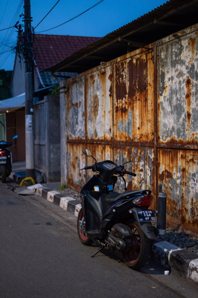 Evening Street Scene in Denpasar Indonesia with Motorcycle and Rusty Wall in in Denpasar, Indonesia