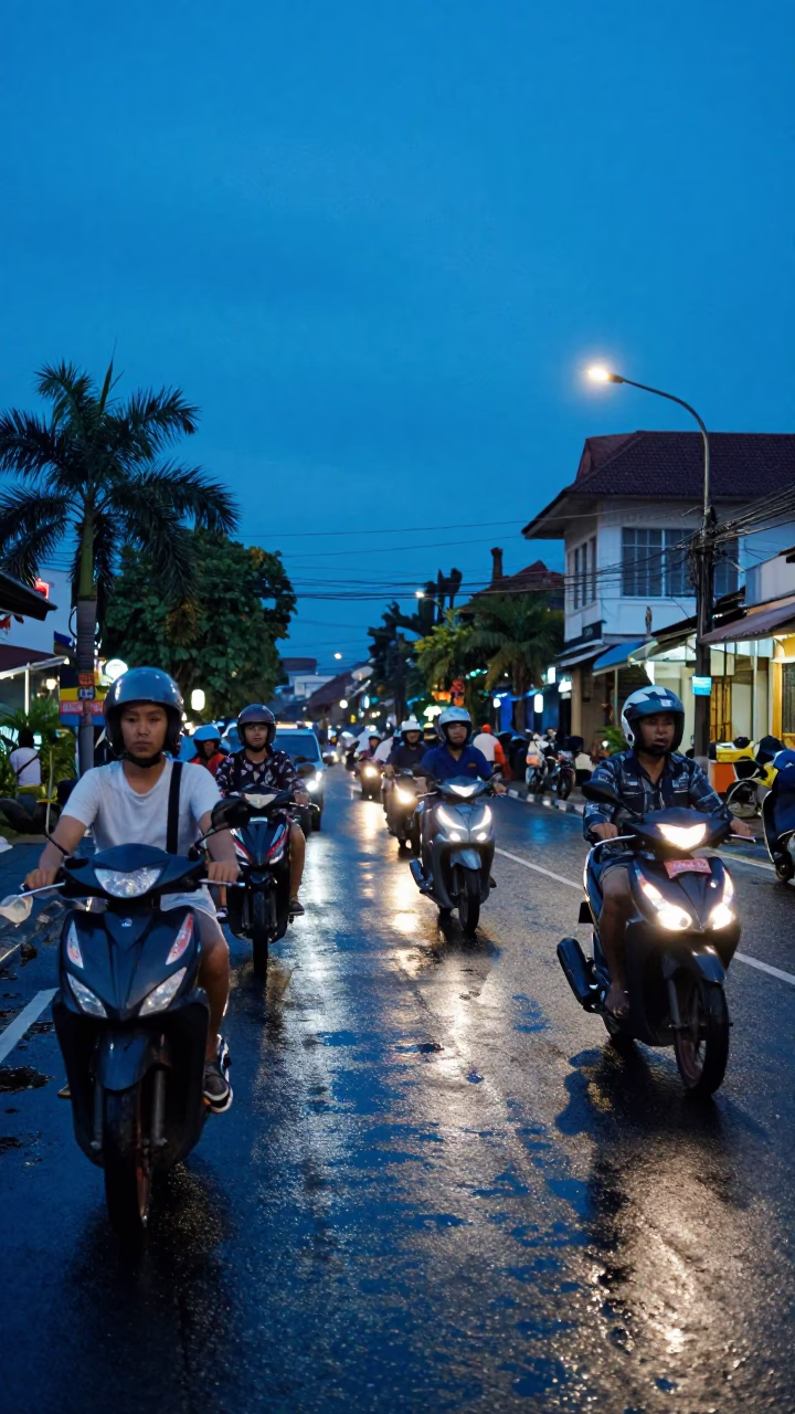 Evening Street Scene in Denpasar Indonesia with Motorcycles and Blue Light in in Denpasar, Indonesia