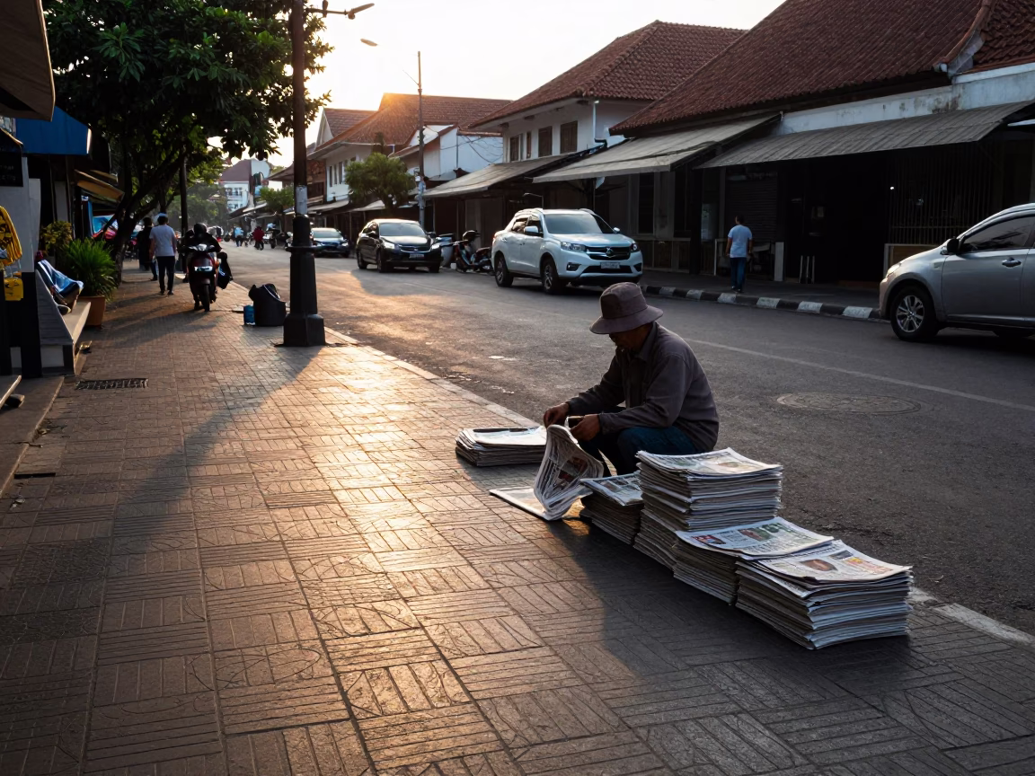 Evening Street Scene in Denpasar Indonesia with Newspaper Vendor and Sunlight in in Denpasar, Indonesia