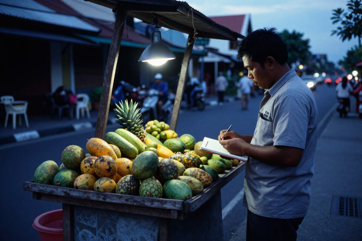 Evening Street Scene in Denpasar Indonesia with Notebook and Local Vendor in in Denpasar, Indonesia