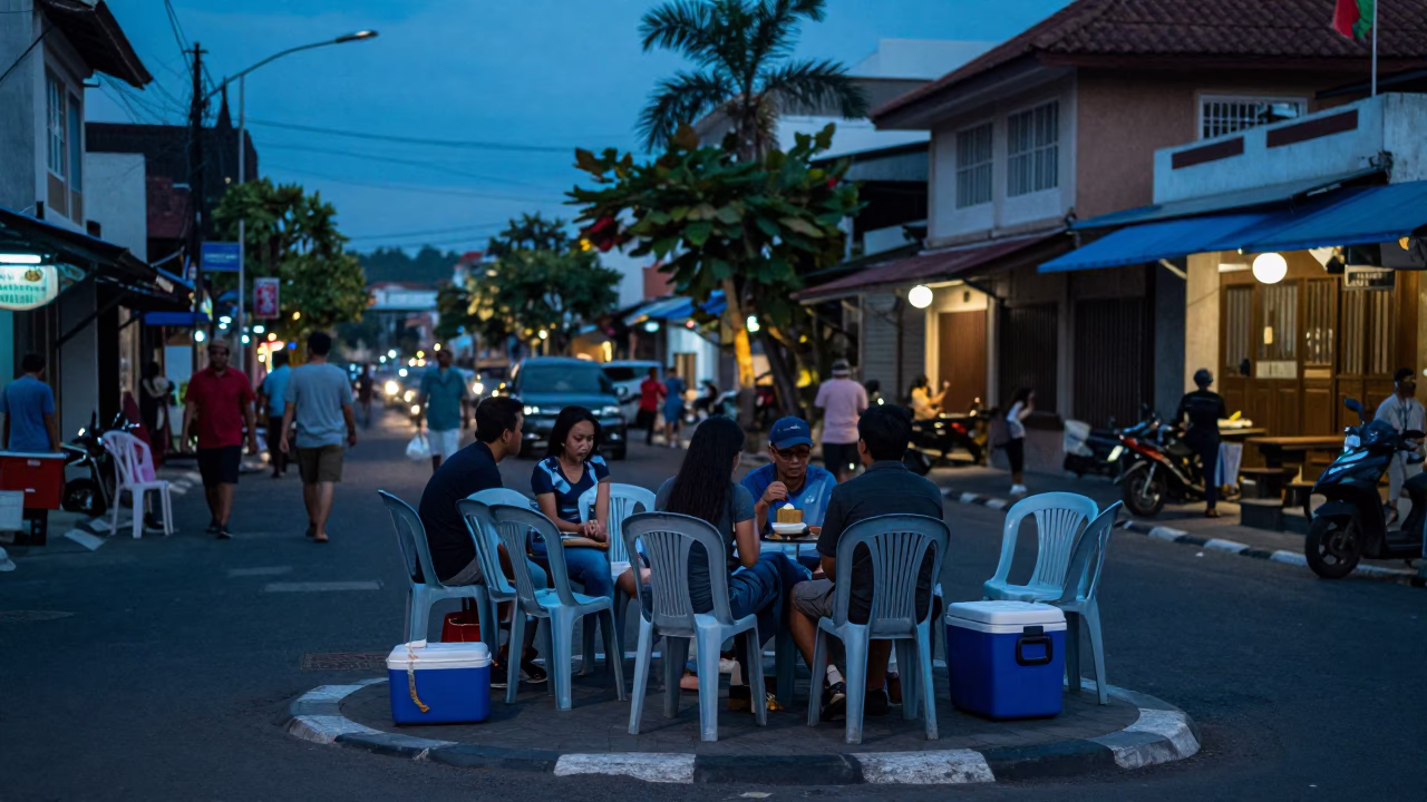 Evening Street Scene in Denpasar Indonesia with Plastic Chairs and Cooler Jug in in Denpasar, Indonesia