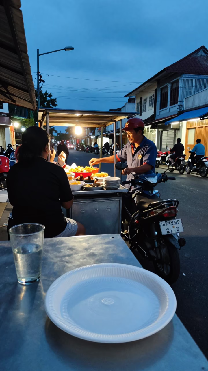 Evening street scene in Denpasar Indonesia with plastic plate and glass saucer in in Denpasar, Indonesia