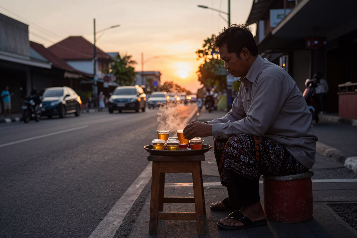 Evening Street Scene in Denpasar Indonesia with Tea Tray and Stool in in Denpasar, Indonesia