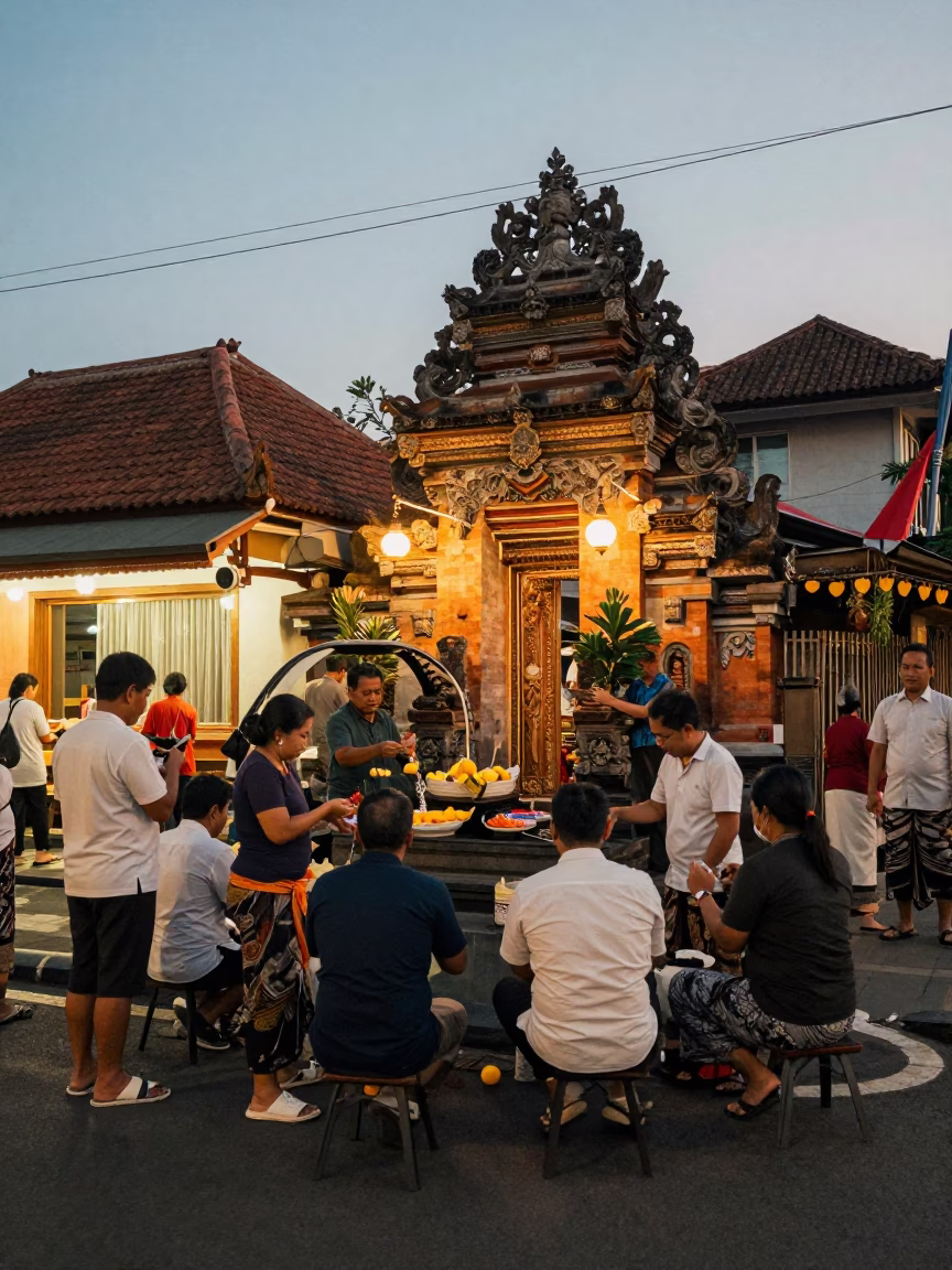 Evening Street Scene in Denpasar Indonesia with Traditional Water Blessing Ceremony and Local Vendors in in Denpasar, Indonesia