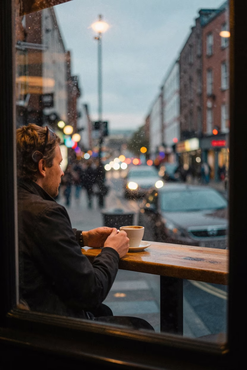 Evening Street Scene in Dublin Ireland with City Lights and Local Cafe Interior in in Dublin, Ireland