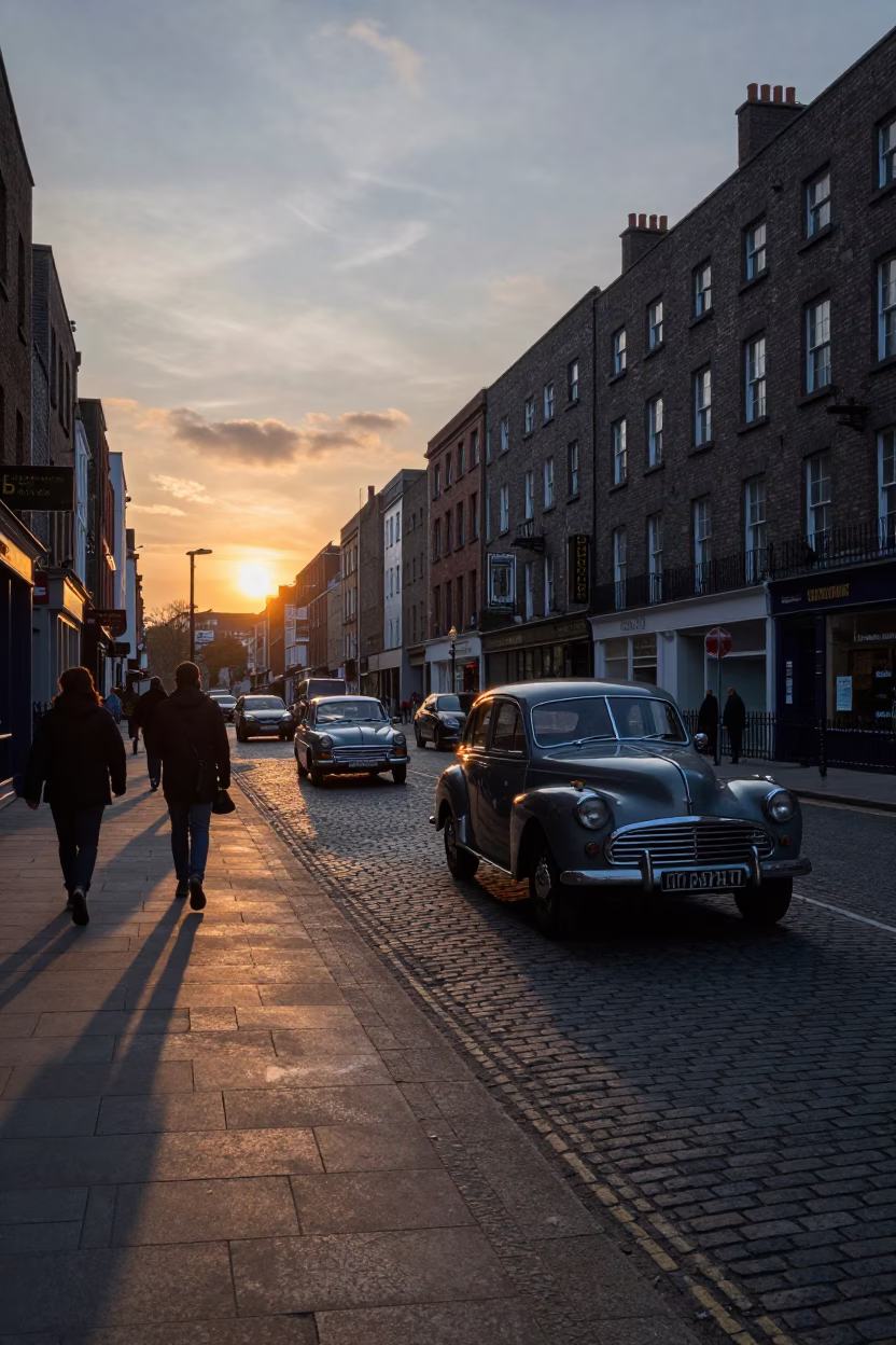 Evening Street Scene in Dublin Ireland with Vintage Cars and Historic Architecture in in Dublin, Ireland