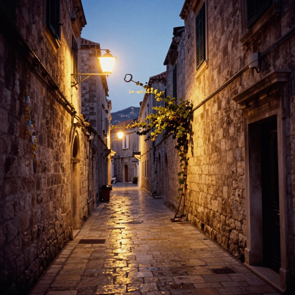 Evening street scene in Dubrovnik Croatia with bottle opener and vine in in Dubrovnik, Croatia