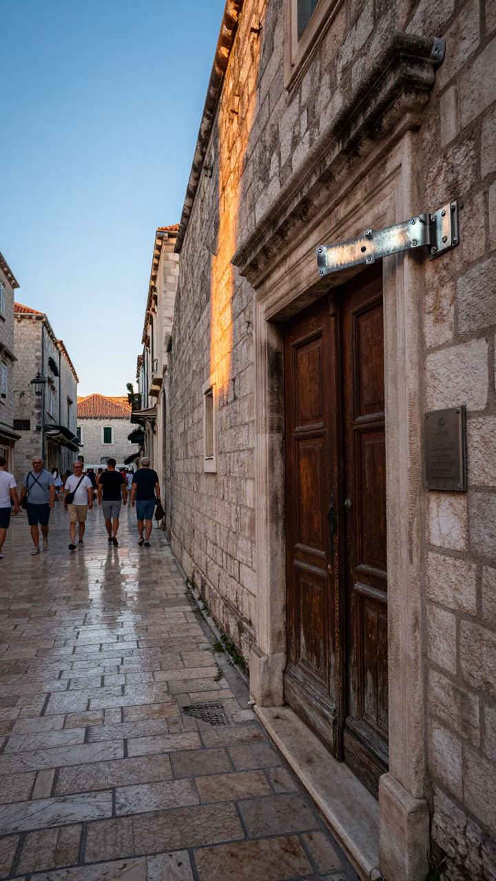 Evening Street Scene in Dubrovnik Croatia with Brushed Steel Latch and Rust in in Dubrovnik, Croatia