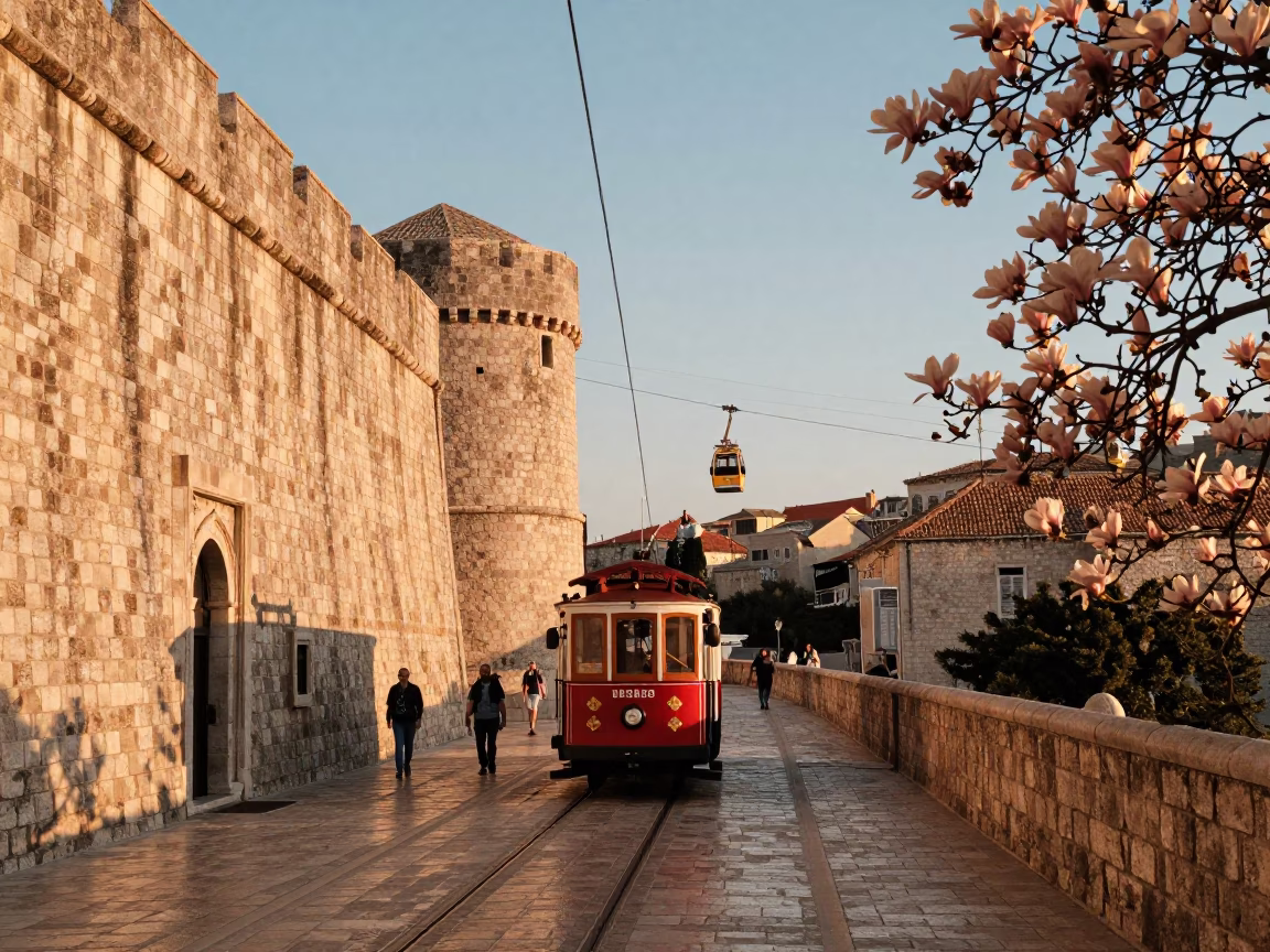 Evening Street Scene in Dubrovnik Croatia with Cable Car and Magnolia Blooms in in Dubrovnik, Croatia