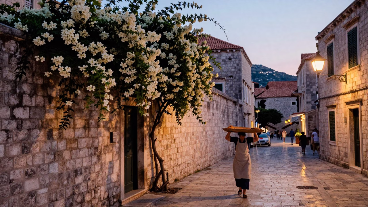 Evening Street Scene in Dubrovnik Croatia with Climbing Jasmine and Local Life in in Dubrovnik, Croatia