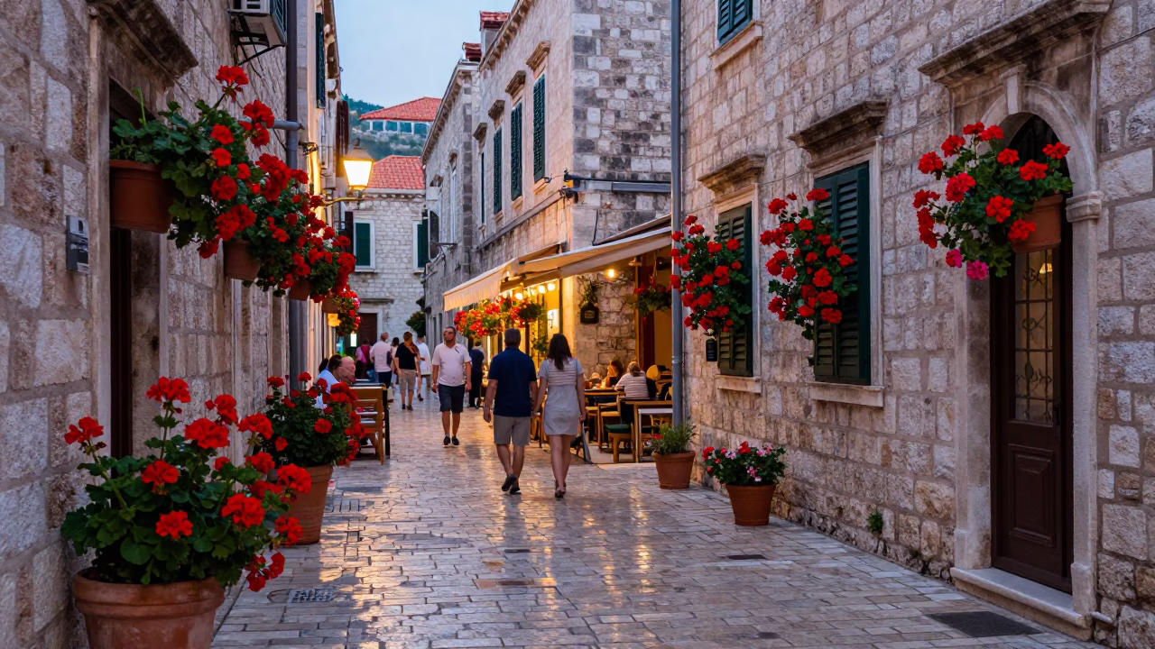 Evening Street Scene in Dubrovnik Croatia with Geraniums and Stone Architecture in in Dubrovnik, Croatia