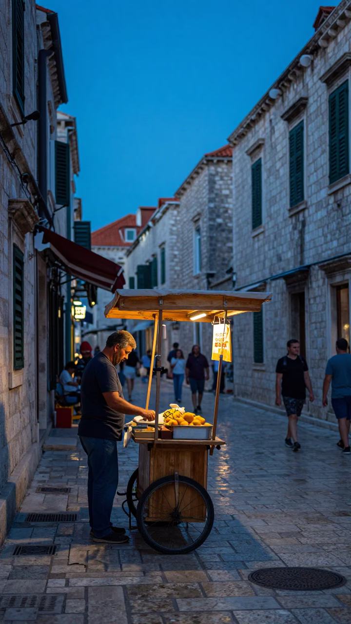 Evening Street Scene in Dubrovnik Croatia with Local Vendor and Traditional Elements in in Dubrovnik, Croatia