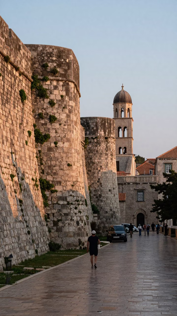 Evening Street Scene in Dubrovnik Croatia with Mossy Stone Wall and Local Life in in Dubrovnik, Croatia