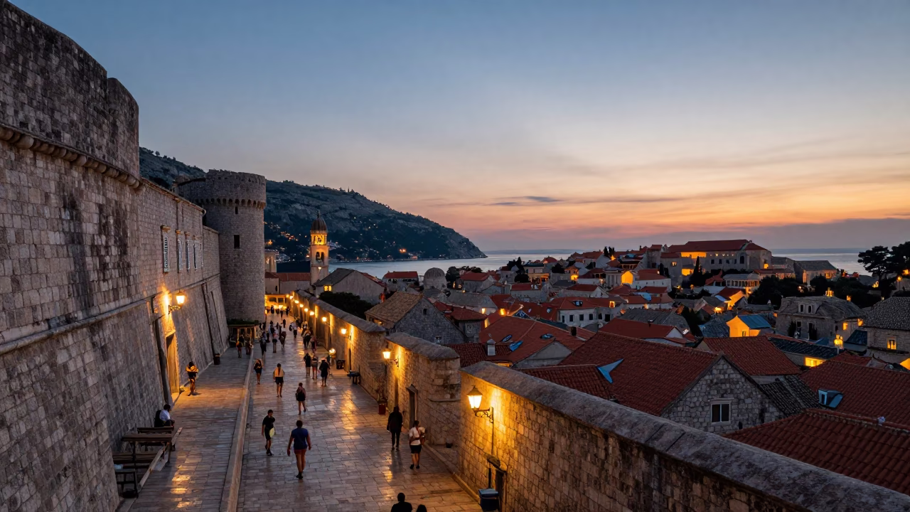 Evening Street Scene in Dubrovnik Croatia with Old Town Walls and City Lights in in Dubrovnik, Croatia