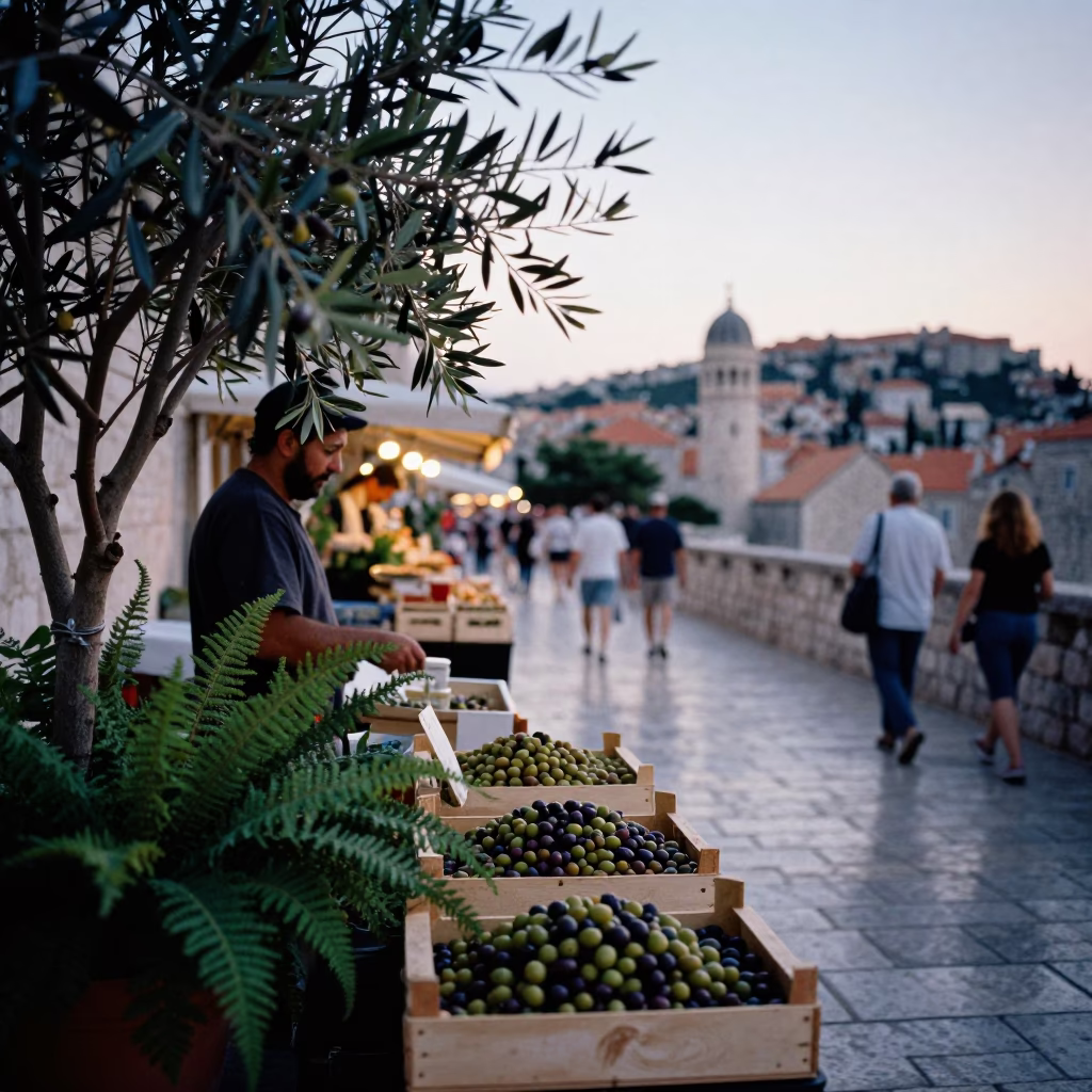 Evening Street Scene in Dubrovnik Croatia with Olives and Ferns in in Dubrovnik, Croatia
