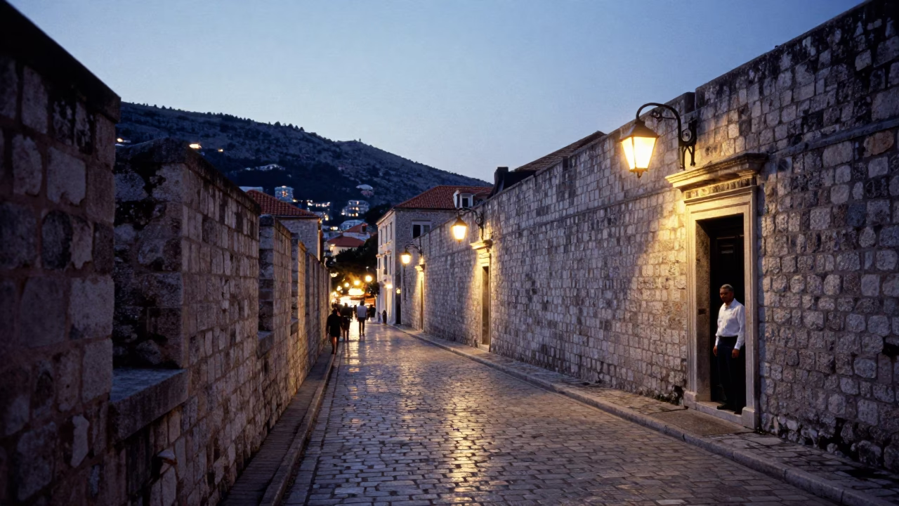 Evening Street Scene in Dubrovnik Croatia with Stone Walls and City Lights in in Dubrovnik, Croatia
