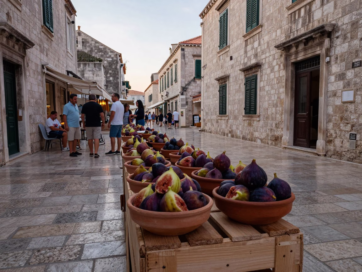 Evening Street Scene in Dubrovnik Croatia with Terracotta Bowls and Local Activity in in Dubrovnik, Croatia