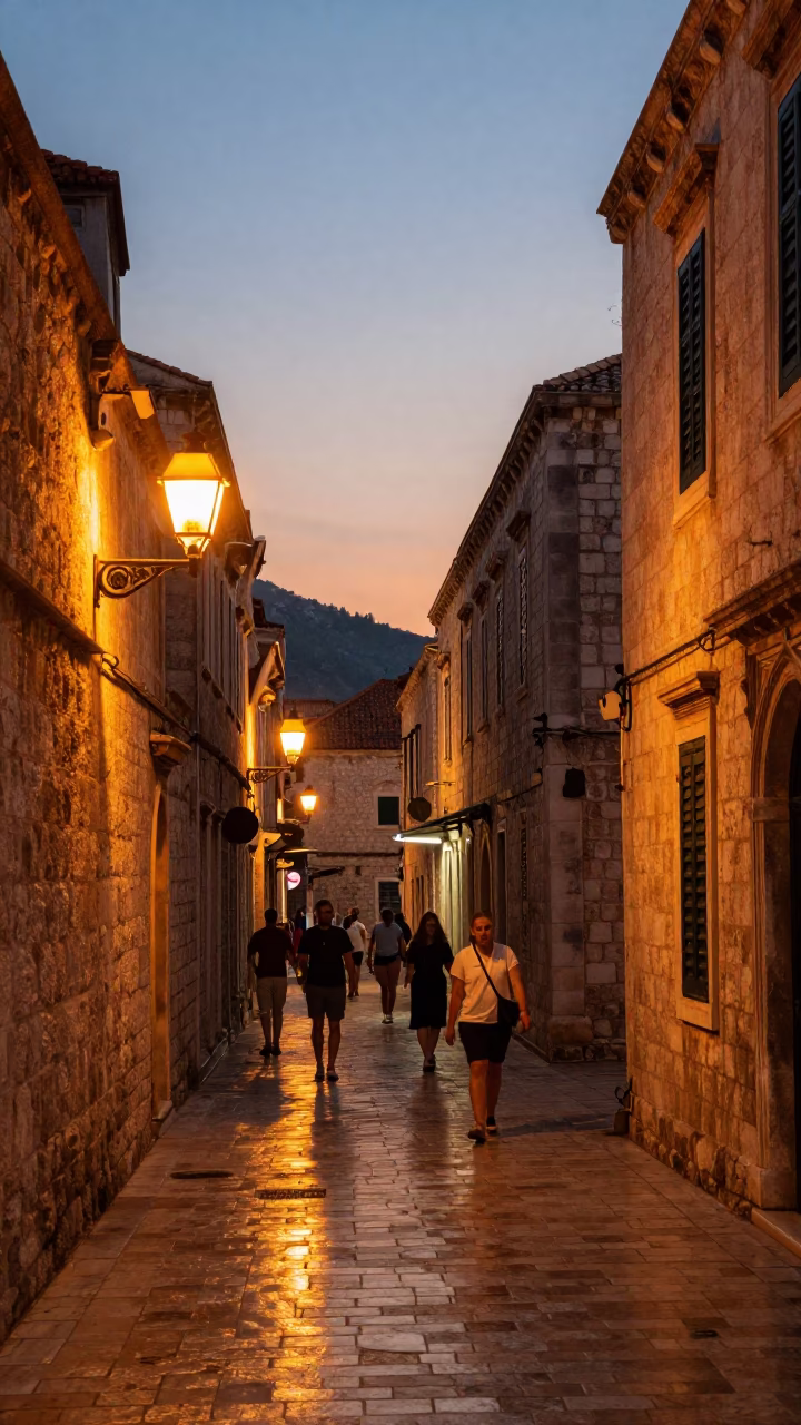 Evening Street Scene in Dubrovnik Croatia with Tourists and Historic Stone Walls in in Dubrovnik, Croatia